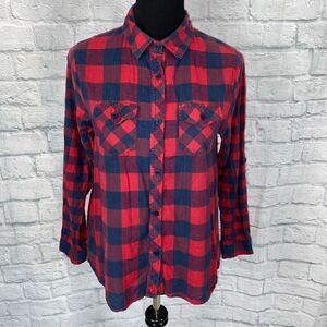 Passport 100% cotton plaid button down Longsleeve top red/navy blue sz Med women